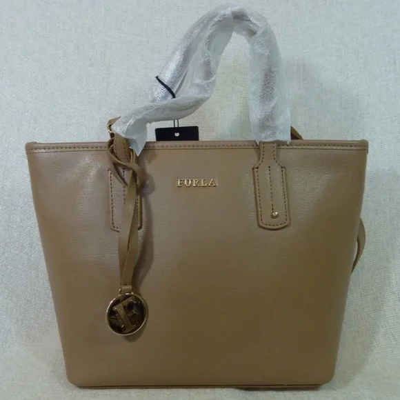 FURLA Daisy Cappuccino Brown Saffiano Leather Small Tote Bag - MADE IN ITALY